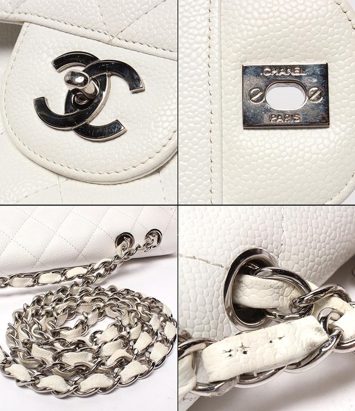 Chanel Chain Shoulder Bag Silver Hardware Double Chain Caviar Skin Deca