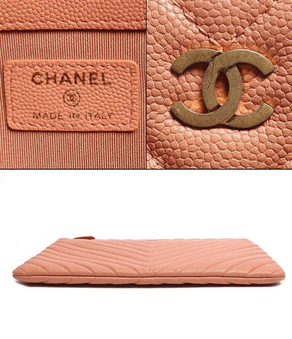 Leather Clutch Bag Coco Mark Owl Gold Hardware Chevron V Stitch Caviar Skin