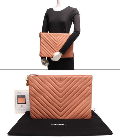 Leather Clutch Bag Coco Mark Owl Gold Hardware Chevron V Stitch Caviar Skin