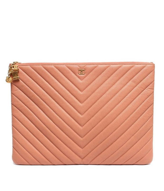 Leather Clutch Bag Coco Mark Owl Gold Hardware Chevron V Stitch Caviar Skin