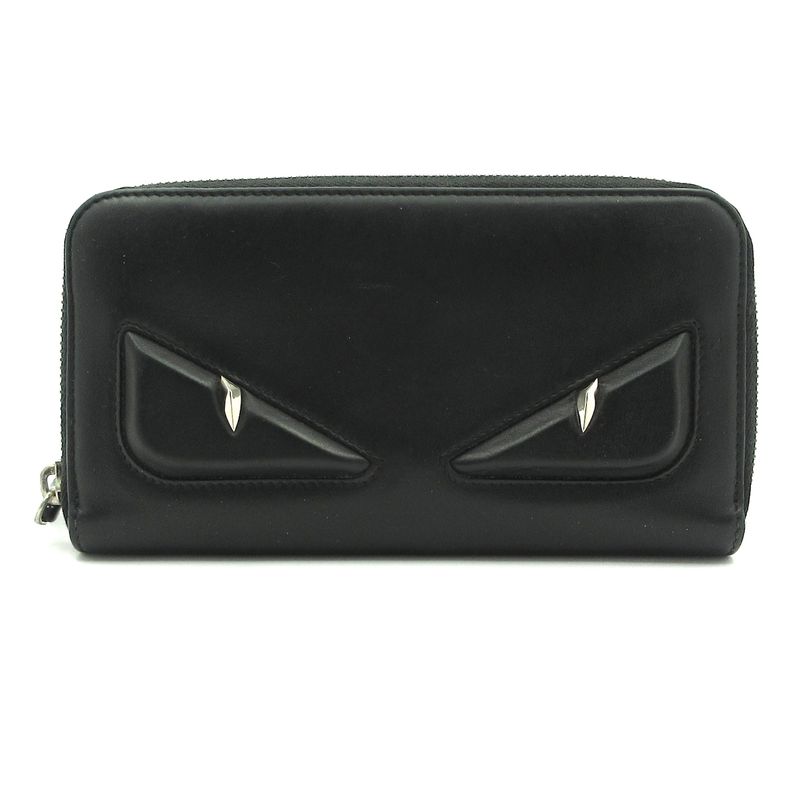 Fendi Long Wallet Bag Bugs 7m0210 Black Round Zipper/monster Leather