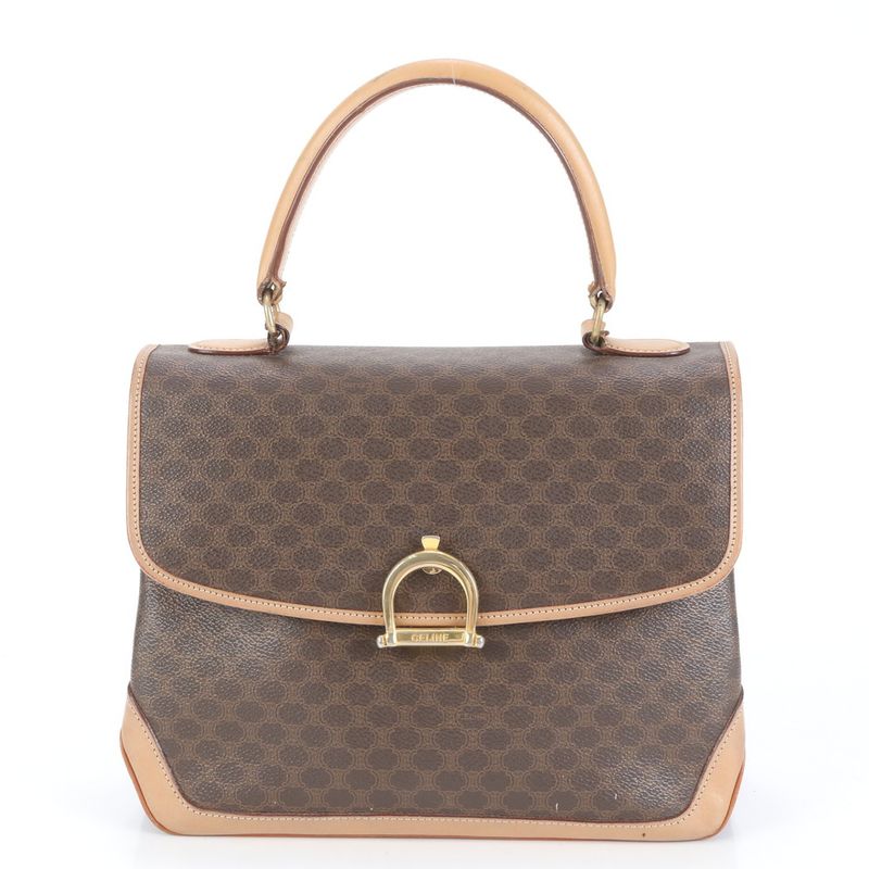 Vintage Celine Macadam Leather Handbag Tote Genuine Leather Brown Branded