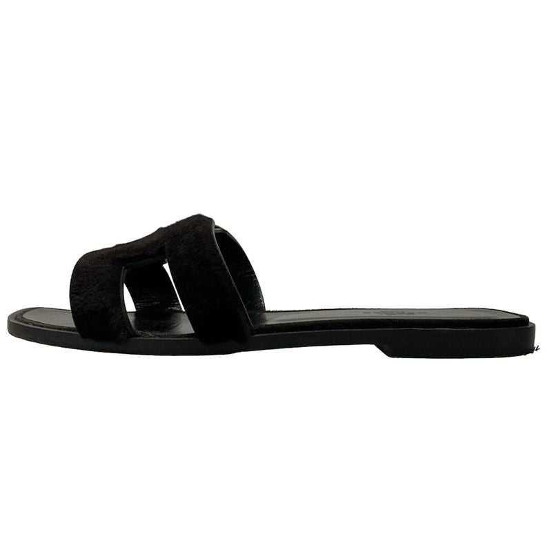 Hermes Sandals 37 1/2 Women's Oran Black Outsole Reupholstered Leather Fur