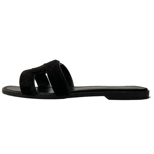 Hermes Sandals 37 1/2 Women's Oran Black Outsole Reupholstered Leather Fur