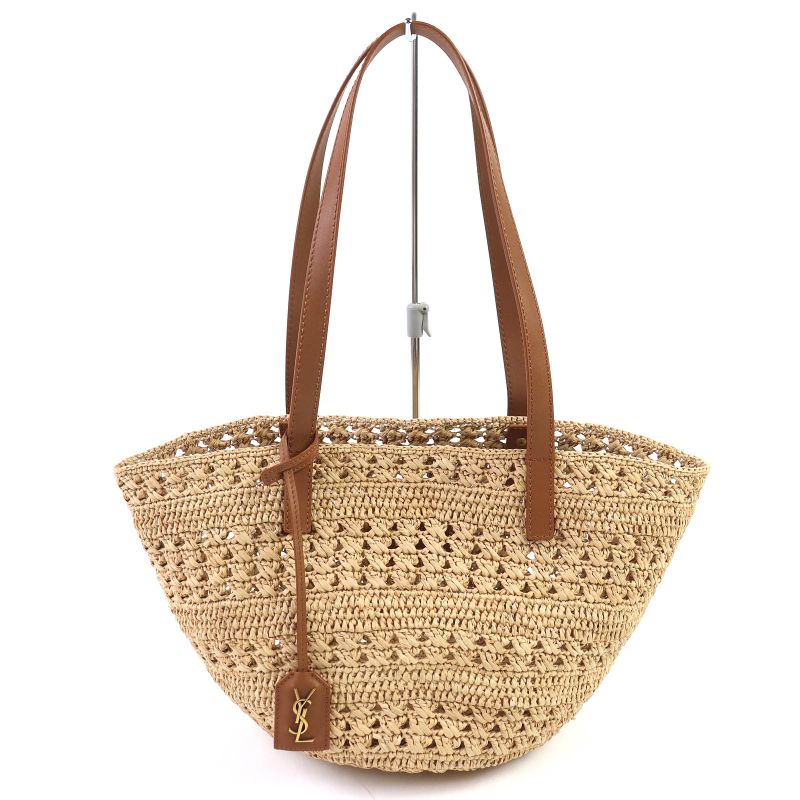 Saint Laurent Paris 761461 Pannier Small Basket Raffia Leather Logo Clochette