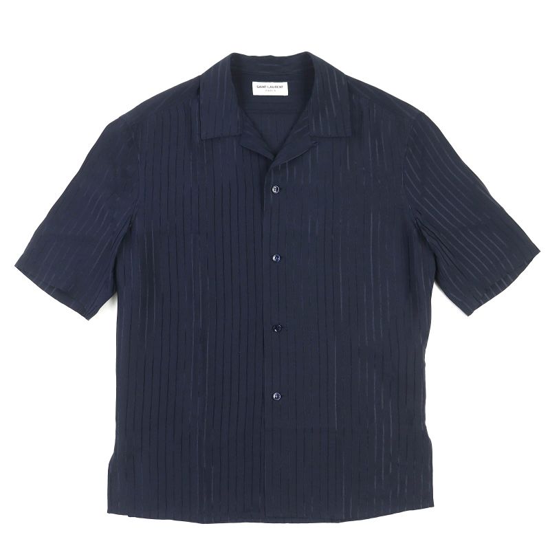 (saint Laurent Paris 2023 713875 100% Silk Striped Short Sleeve Shirt Navy 37