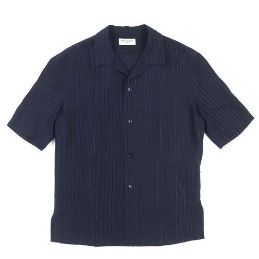 (saint Laurent Paris 2023 713875 100% Silk Striped Short Sleeve Shirt Navy 37