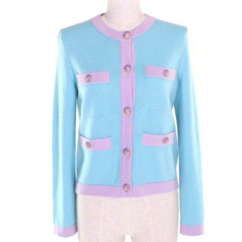 ◇chanel 24C P76463 100% Cashmere Cardigan With Coco Mark Buttons Light Blue