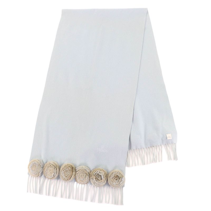 Good Quality◇ Fendi 100% Cashmere Logo Embroidery Fringe Flower Motif Mink Fur