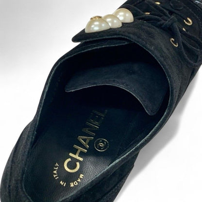 Chanel Loafers Leather Shoes Suede Patent Black Pearl Here Mark Lace Up