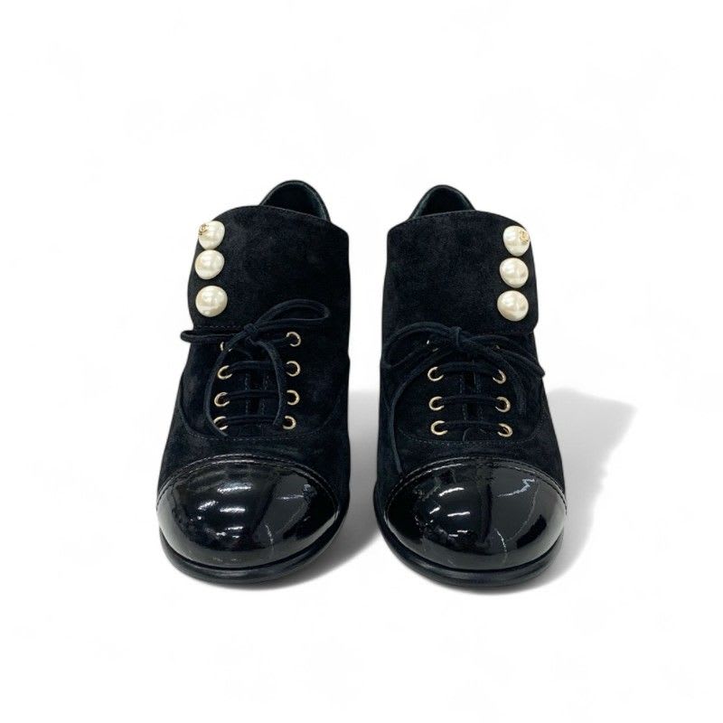 Chanel Loafers Leather Shoes Suede Patent Black Pearl Here Mark Lace Up