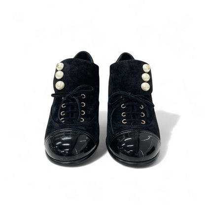 Chanel Loafers Leather Shoes Suede Patent Black Pearl Here Mark Lace Up