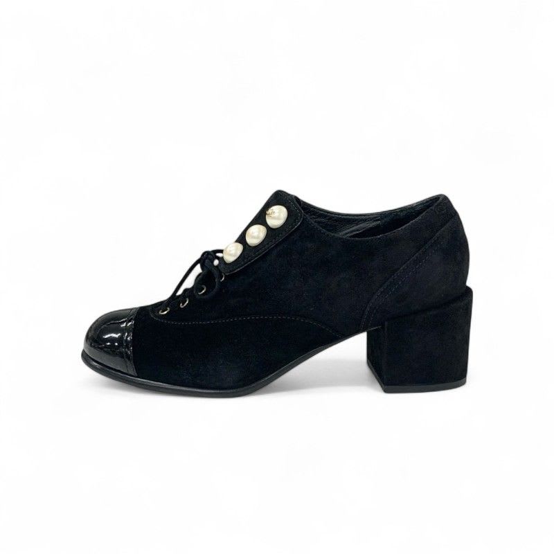 Chanel Loafers Leather Shoes Suede Patent Black Pearl Here Mark Lace Up