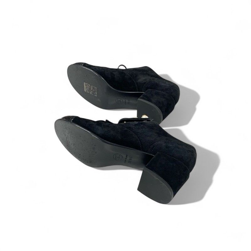 Chanel Loafers Leather Shoes Suede Patent Black Pearl Here Mark Lace Up