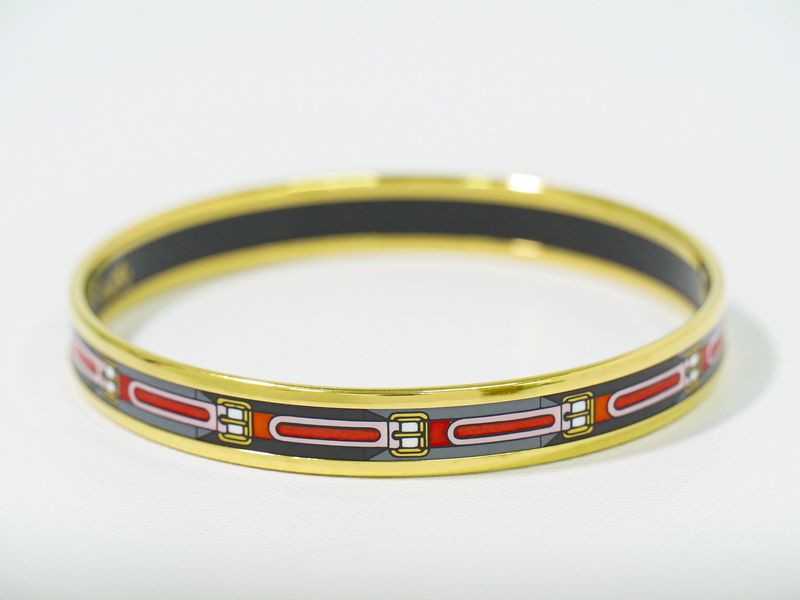 Authentic Hermes Emile PM Bangle Bracelet Cloisonne GP Gold Plated Multicolor