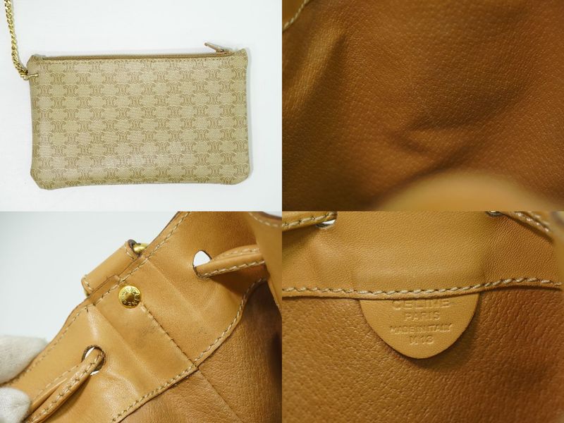 Authentic Celine Macadam Drawstring Shoulder Bag PVC Beige Macadam Bag Pre-owned