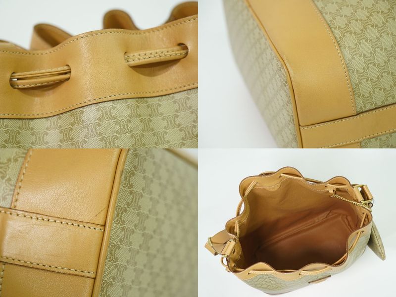 Authentic Celine Macadam Drawstring Shoulder Bag PVC Beige Macadam Bag Pre-owned