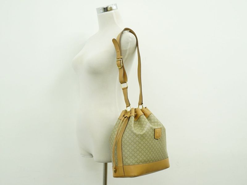 Authentic Celine Macadam Drawstring Shoulder Bag PVC Beige Macadam Bag Pre-owned