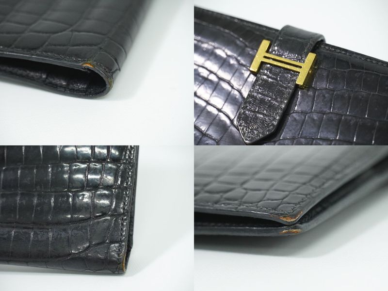 Authentic Hermes Bearn Niloticus Long Wallet Long Wallet □K 2007 Black Bearn