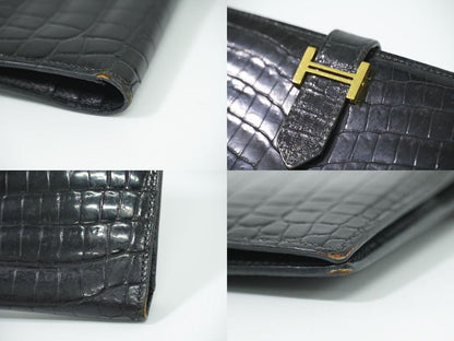 Authentic Hermes Bearn Niloticus Long Wallet Long Wallet □K 2007 Black Bearn