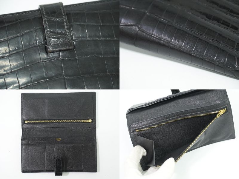 Authentic Hermes Bearn Niloticus Long Wallet Long Wallet □K 2007 Black Bearn