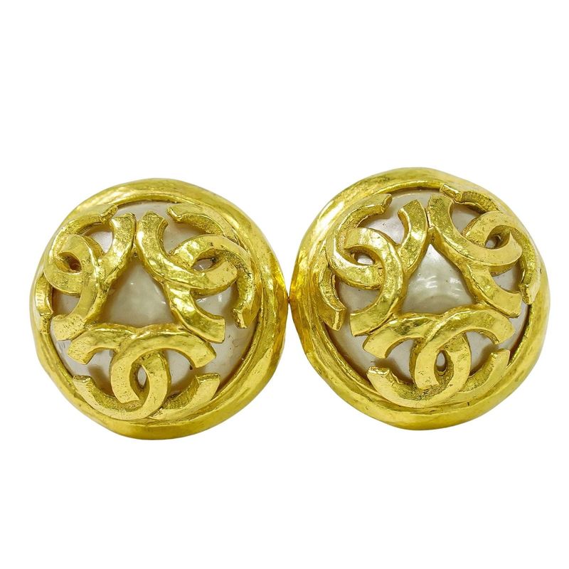 Authentic Chanel Triple Coco Mark Faux Pearl Earrings GP Gold Plated White Coco