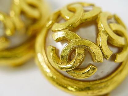 Authentic Chanel Triple Coco Mark Faux Pearl Earrings GP Gold Plated White Coco