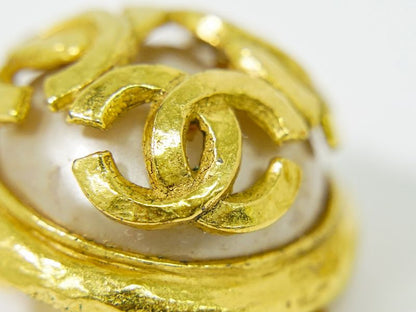 Authentic Chanel Triple Coco Mark Faux Pearl Earrings GP Gold Plated White Coco