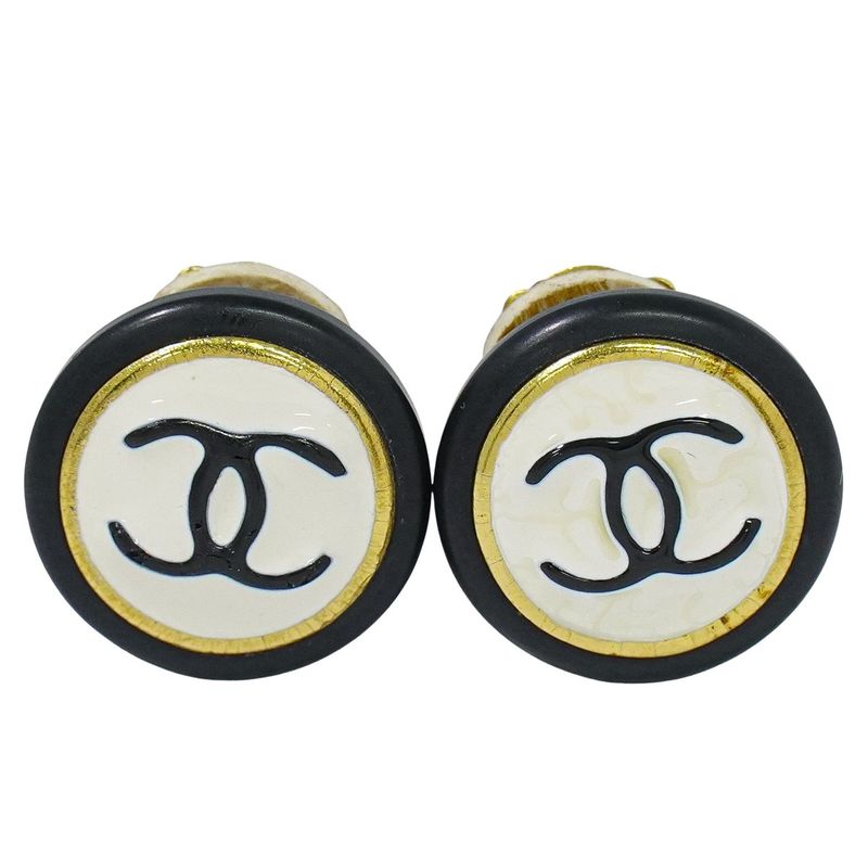 Authentic Chanel Coco Mark Earrings Plastic GP Gold Plated White Black Accessori