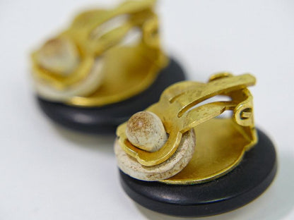 Authentic Chanel Coco Mark Earrings Plastic GP Gold Plated White Black Accessori