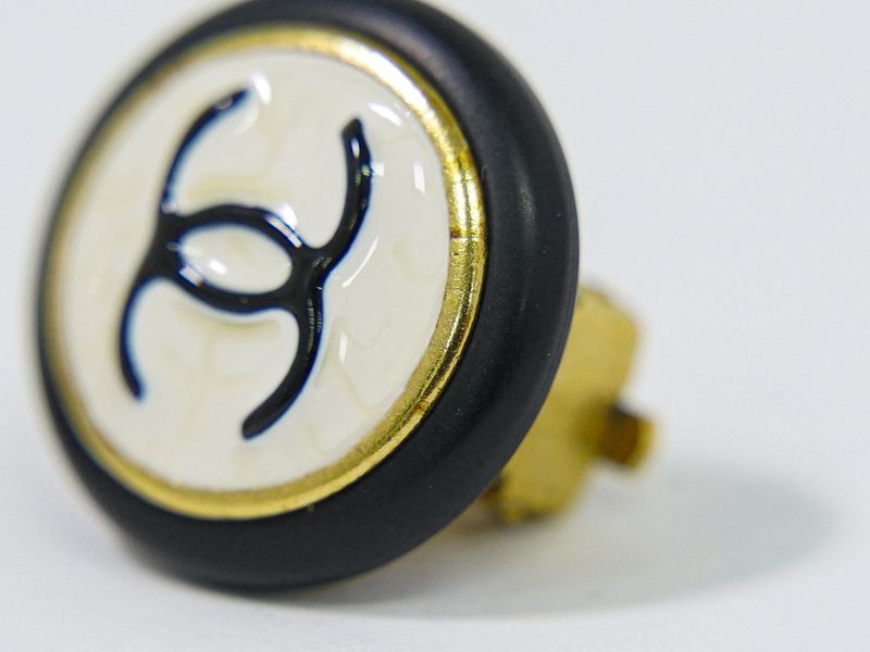 Authentic Chanel Coco Mark Earrings Plastic GP Gold Plated White Black Accessori