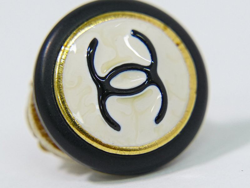Authentic Chanel Coco Mark Earrings Plastic GP Gold Plated White Black Accessori