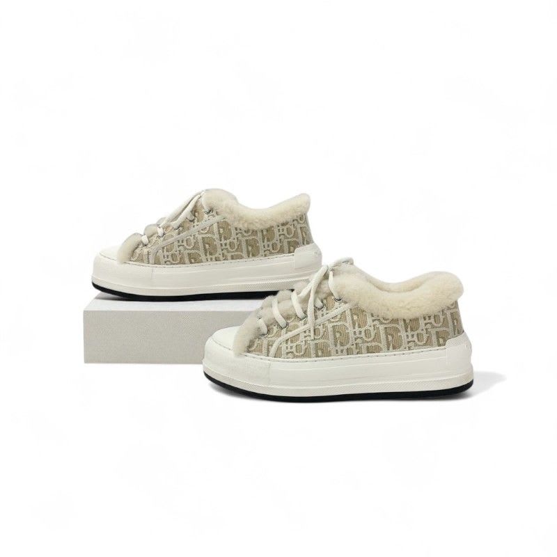 Christian Dior Walkn Sneakers Shoes Fabric Mouton Beige White Logo