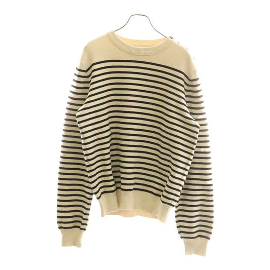 Celine Cotton Shoulder Button Striped Crewneck Long Sleeve Marine Knit Sweater
