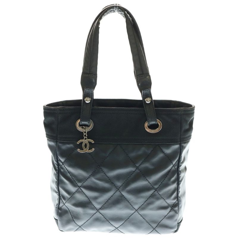 Chanel Paris Biarritz PM Coco Mark Tote Bag Handbag Black Leather A34208 Silver