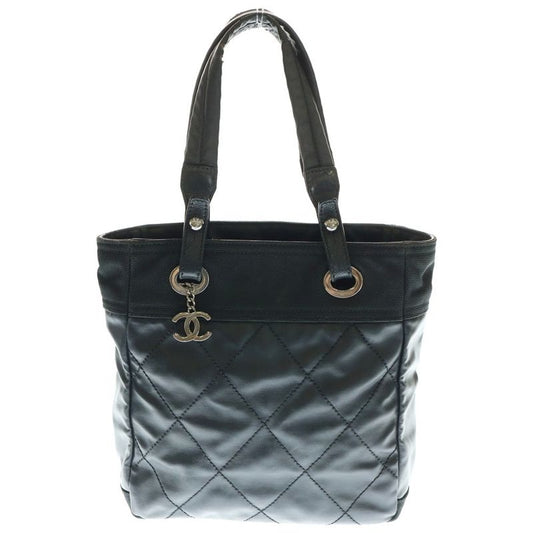 Chanel Paris Biarritz PM Coco Mark Tote Bag Handbag Black Leather A34208 Silver