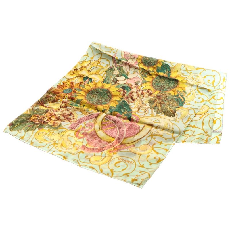 Chanel Sunflower Flower Silk Scarf Light Blue And Yellow