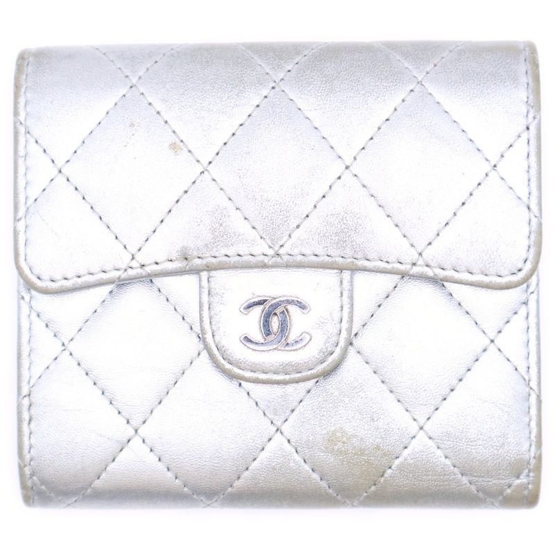 Chanel Matelasse Classic Small Flap Wallet Trifold Silver Ap0231