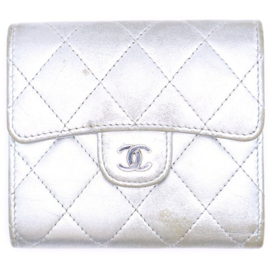 Chanel Matelasse Classic Small Flap Wallet Trifold Silver Ap0231