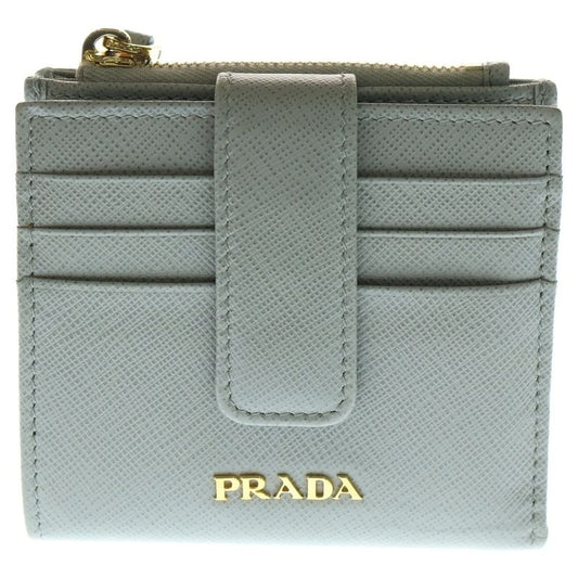 Prada Saffiano Leather Compact Wallet With Zipper Folded Gray 1ml047