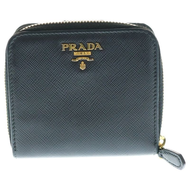 Prada Round Zipper Compact Wallet Black Leather 1ml522 Gold Hardware
