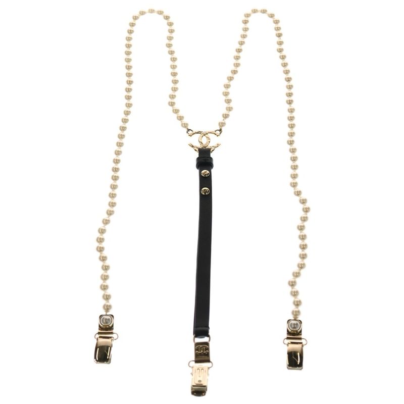 Chanel Coco Mark Faux Pearl Suspenders Black×white A21K Gold Hardware