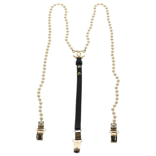 Chanel Coco Mark Faux Pearl Suspenders Black×white A21K Gold Hardware