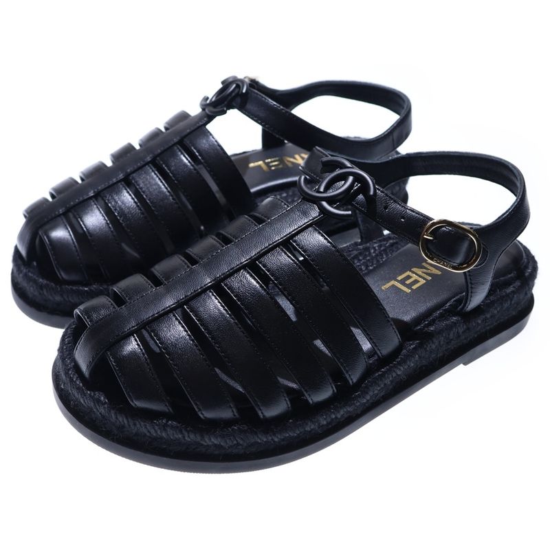 Chanel Gladiator Coco Mark Espadrilles Lambskin Sandals Gold Hardware Black