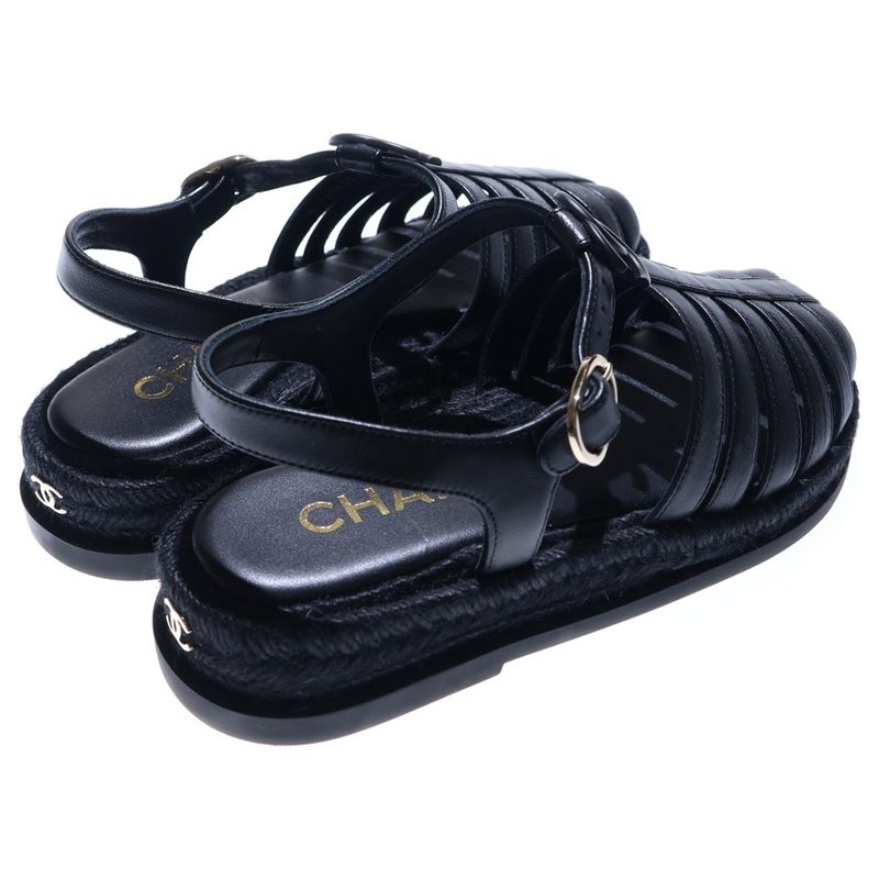Chanel Gladiator Coco Mark Espadrilles Lambskin Sandals Gold Hardware Black