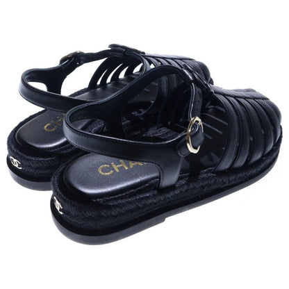 Chanel Gladiator Coco Mark Espadrilles Lambskin Sandals Gold Hardware Black