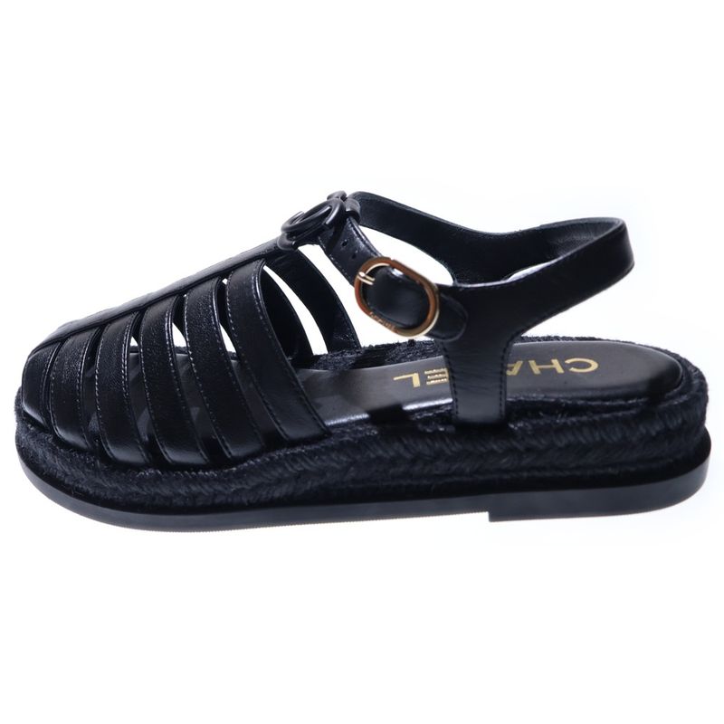 Chanel Gladiator Coco Mark Espadrilles Lambskin Sandals Gold Hardware Black