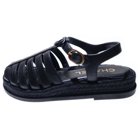 Chanel Gladiator Coco Mark Espadrilles Lambskin Sandals Gold Hardware Black