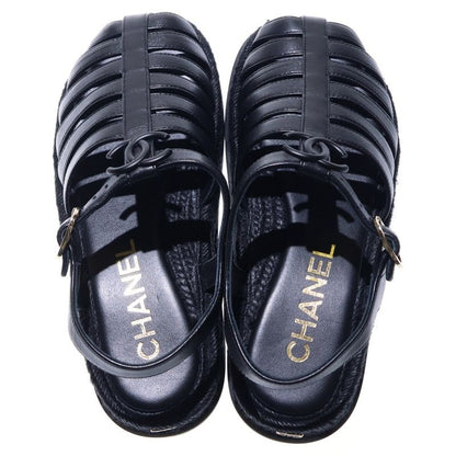 Chanel Gladiator Coco Mark Espadrilles Lambskin Sandals Gold Hardware Black