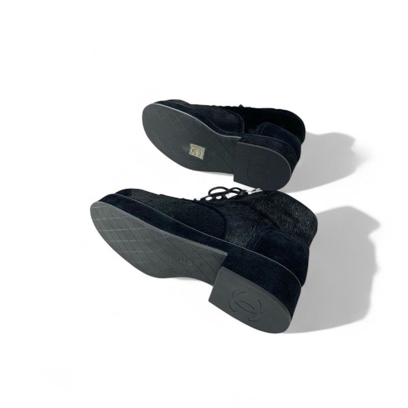 Chanel Boots Short Shoes Haraco Suede Shearling Black Coco Mark Ankle